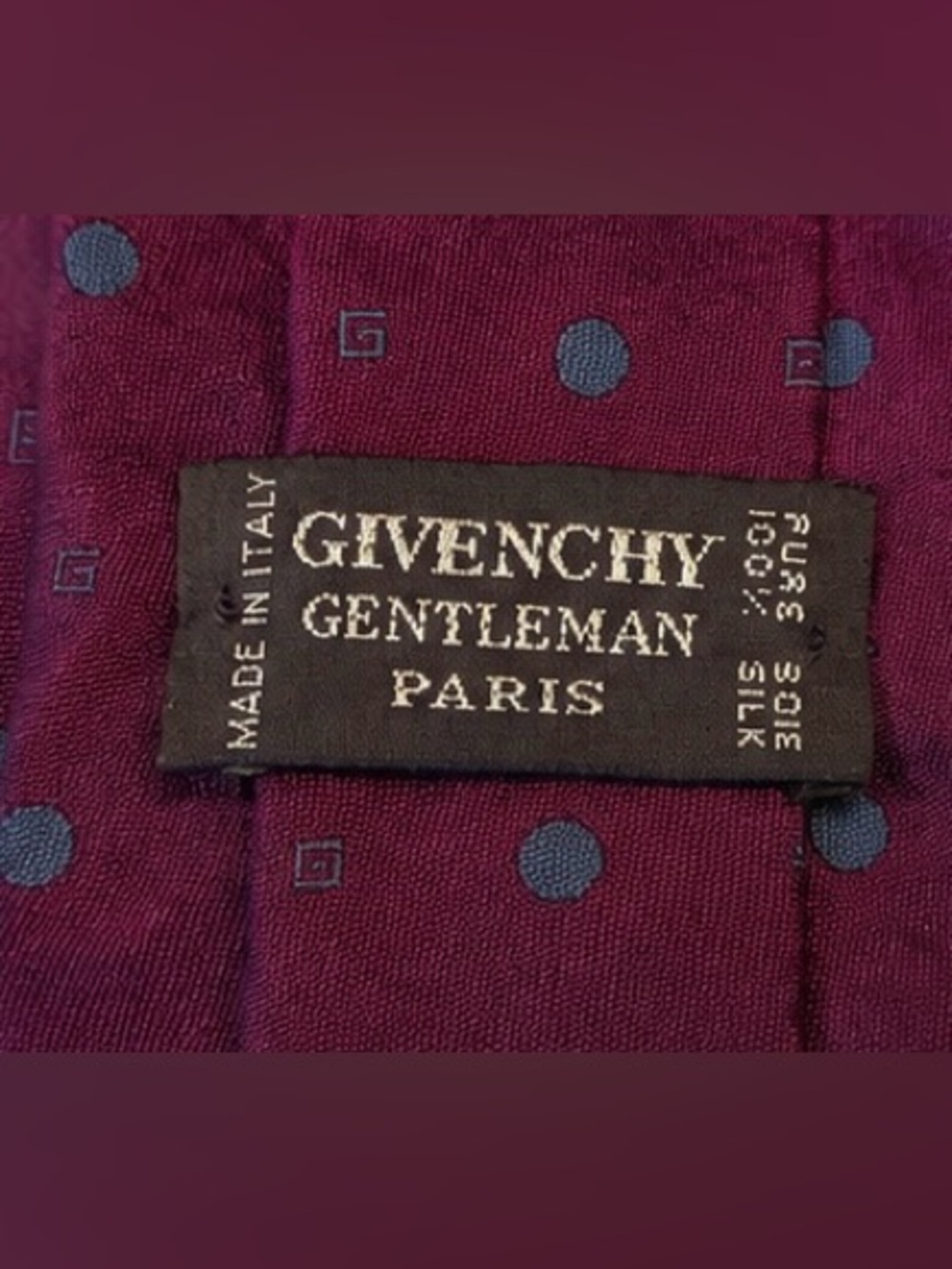 Vintage Givenchy Gentleman Paris Silk Necktie Burgundy Blue Dot Tie - Picture 3 of 4